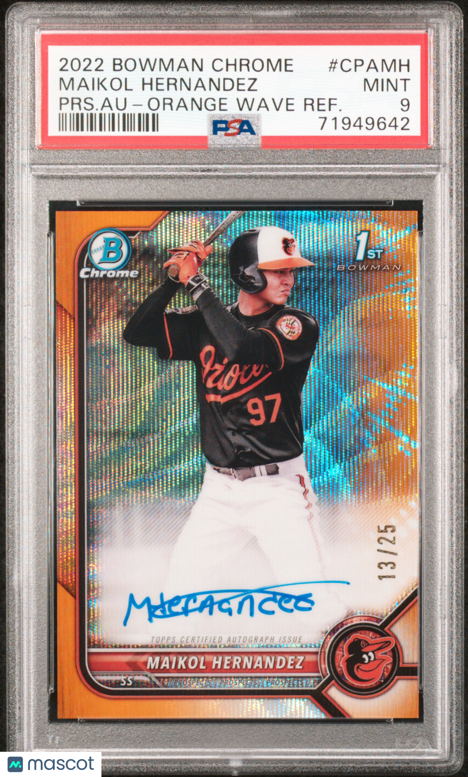 2022 Bowman Prospect Auto Maikol Hernandez Au Orange Wave Refractor /25 PSA