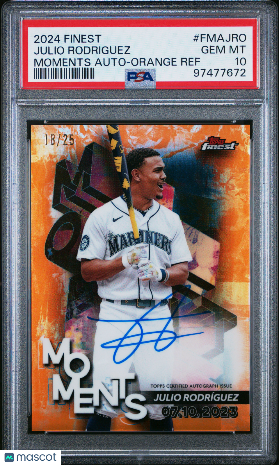 2024 Topps Finest Moments Auto Julio Rodriguez #Fmajro Orange Ref 18/25 PSA 10