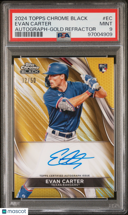 2024 Topps Chrome Black Autographs Evan Carter #Ec Gold Refractor 02/50 PSA 9