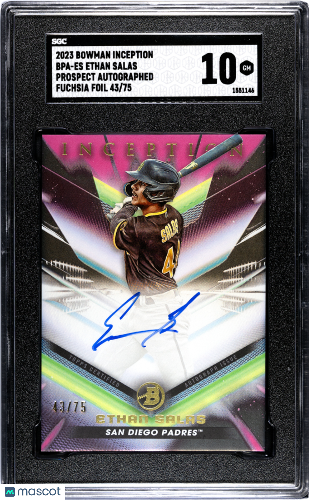 2023 Bowman Inception Ethan Salas #Bpa-Es Prospect Autograph Fuchsia Foil Sgc 10