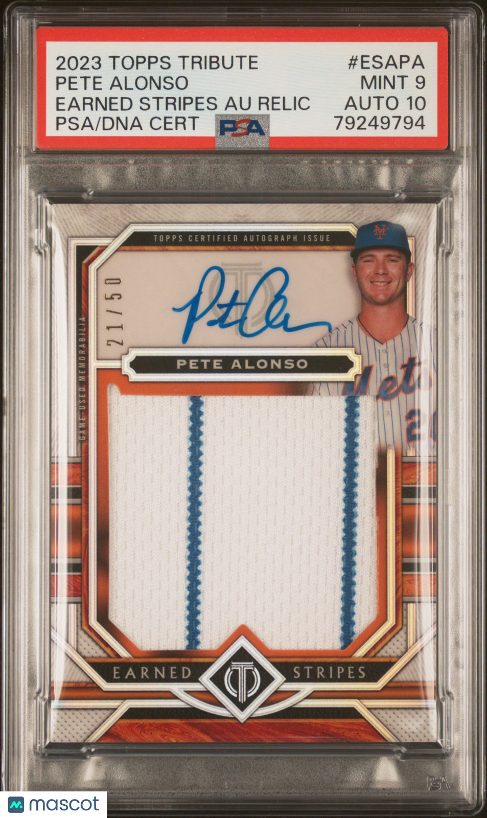 2023 Topps Tribute Earned Stripes Auto Relics Pete Alonso #Esapa /50 PSA 9/10