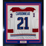 Framed Autographed/Signed Guy Carbonneau 35x39 Montreal White Hockey Jersey JSA COA