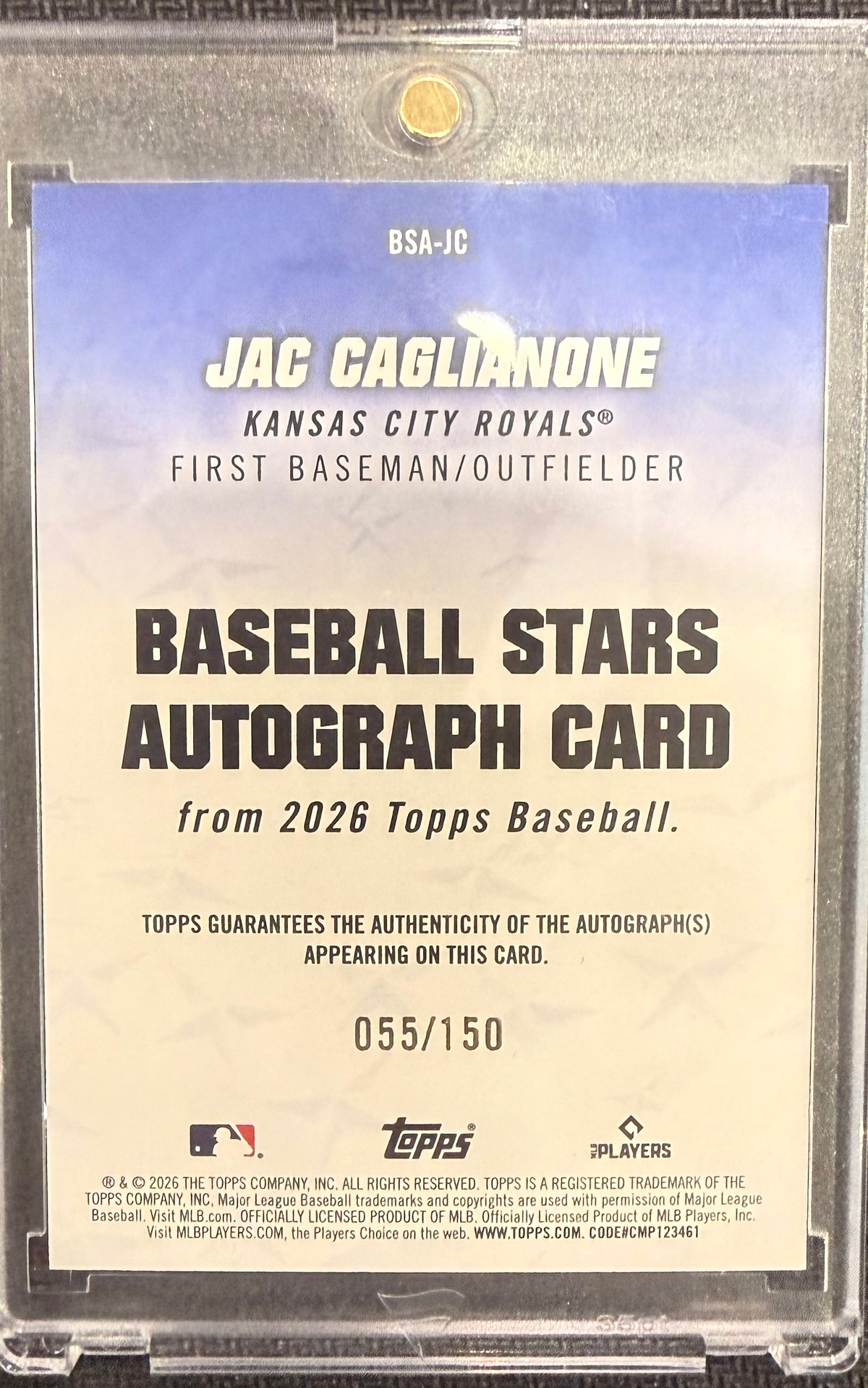 2026 Topps Series 1 Baseball Stars Auto - Jac Caglianone - Bsa-Jc Rc 55/150