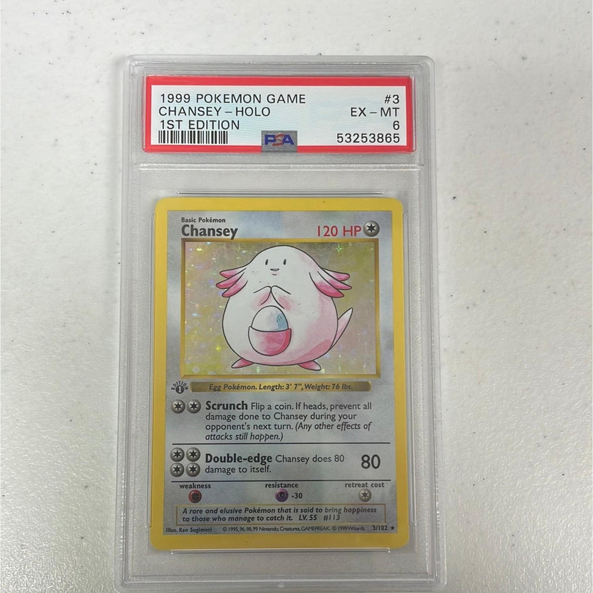 PSA 6 Ex - Mt - Chansey 3/102 1St Edition Base Set Shadowless Pokemon Holo