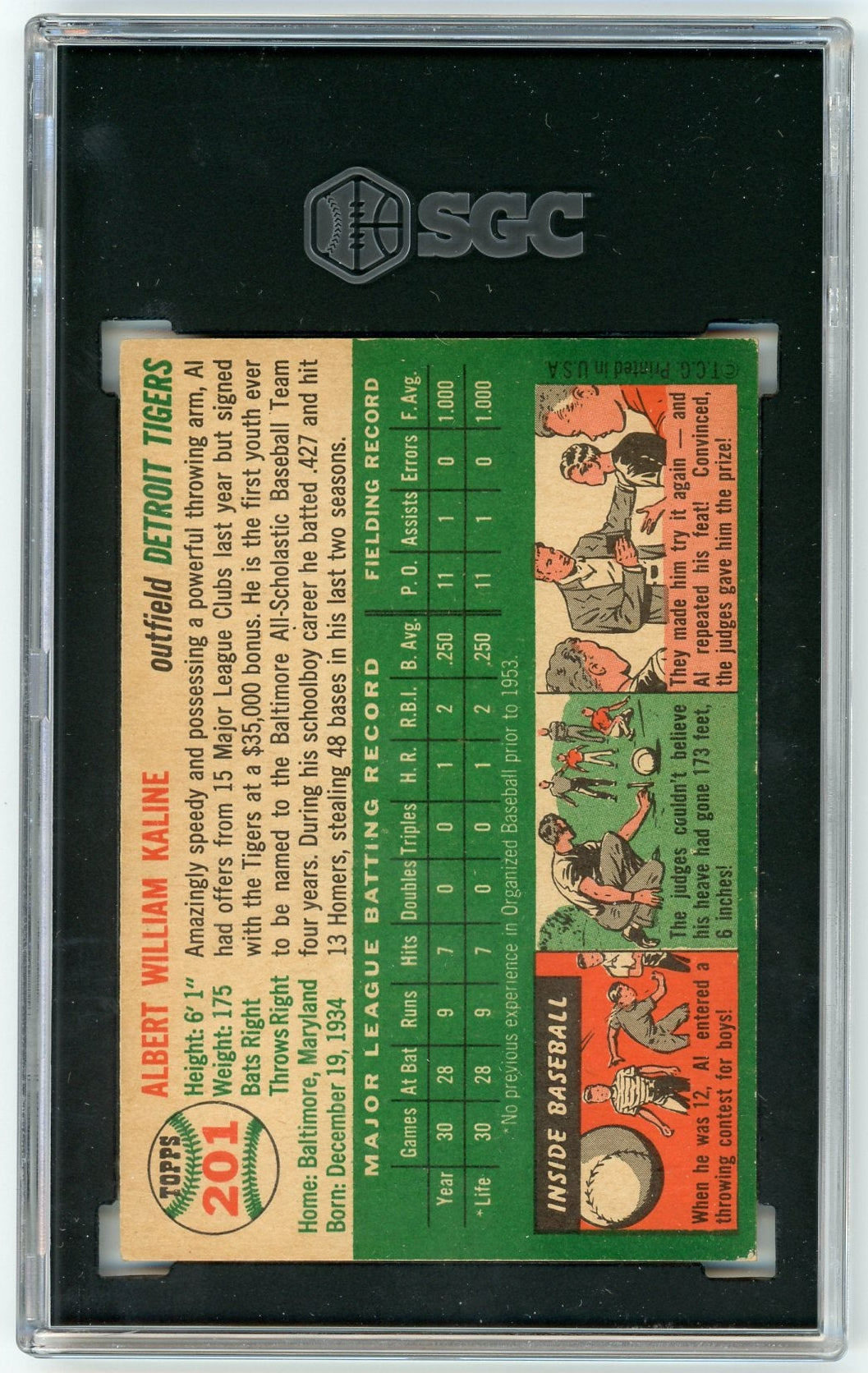 Al Kaline 1954 Topps Sgc Authentic