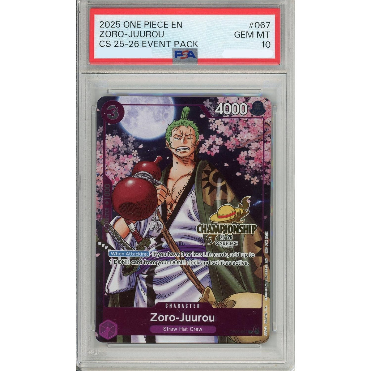 One Piece Graded: Zoro-Juurou Op05-067 Championship 25-26 Event Pack PSA 10