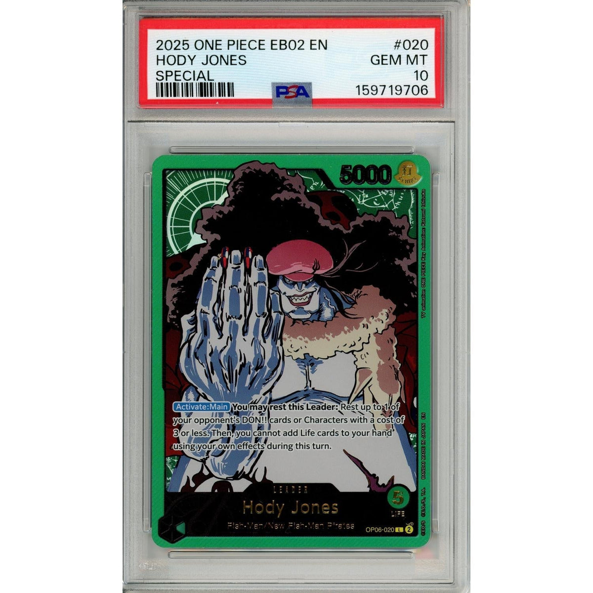 One Piece Graded: Hody Jones Eb02 Special Leader (2025) PSA 10