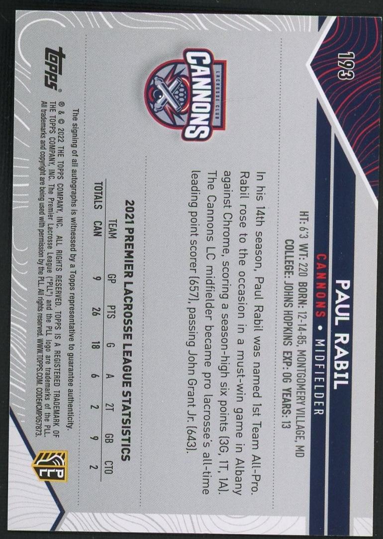 2021 Topps Premier Lacrosse League Paul Rabil #193 Auto