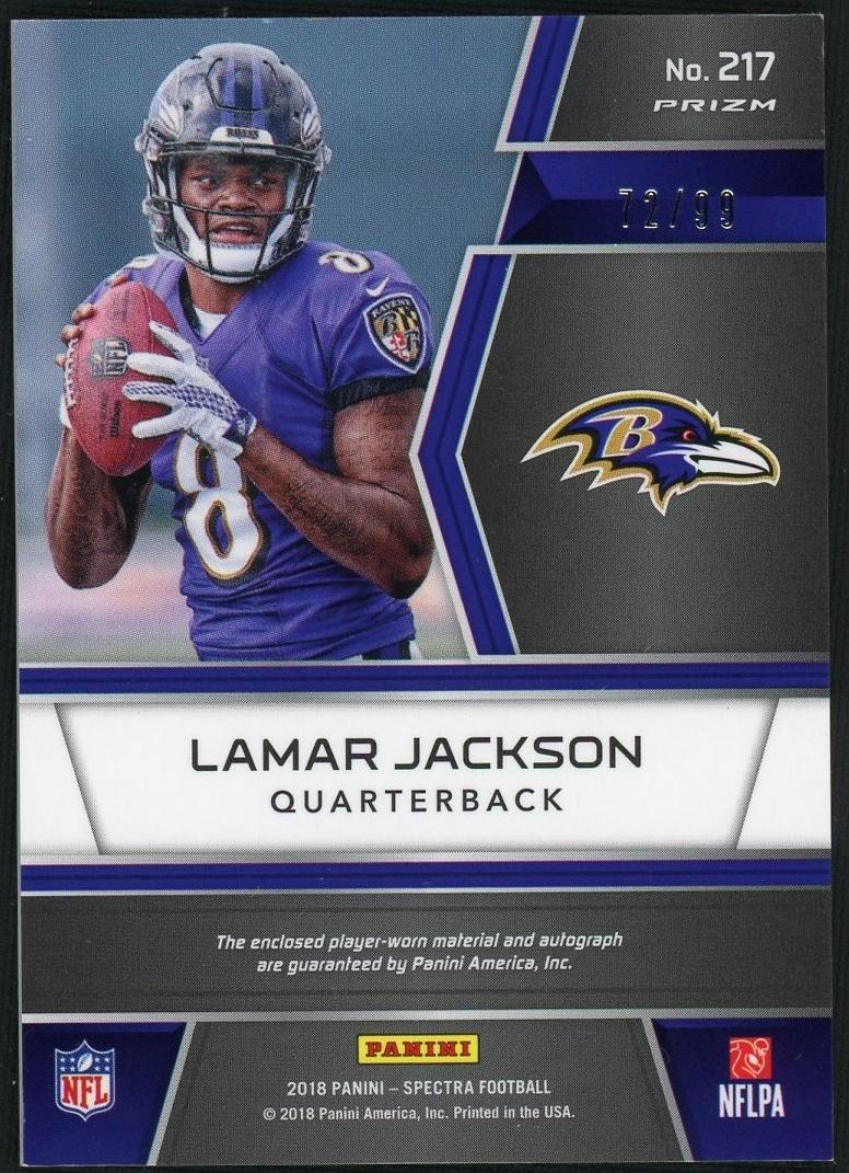 2018 Panini Spectra Prizm Lamar Jackson #217 Rc Rookie Patch Auto /99