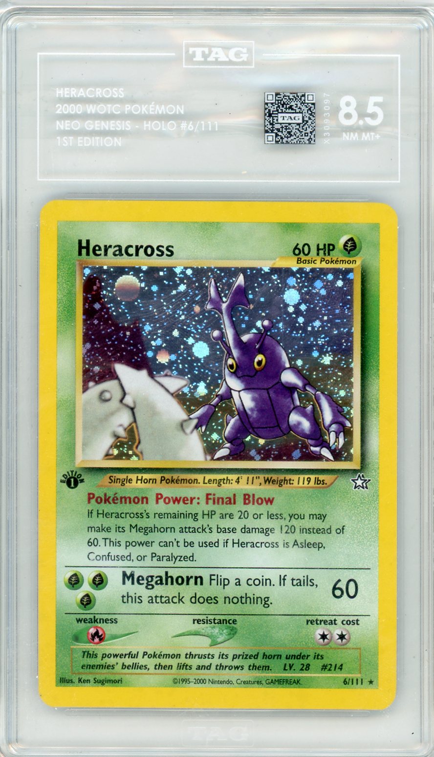 Heracross 2000 Pokémon #6/111 Neo Genesis 1St Edition Holo Tag 8.5