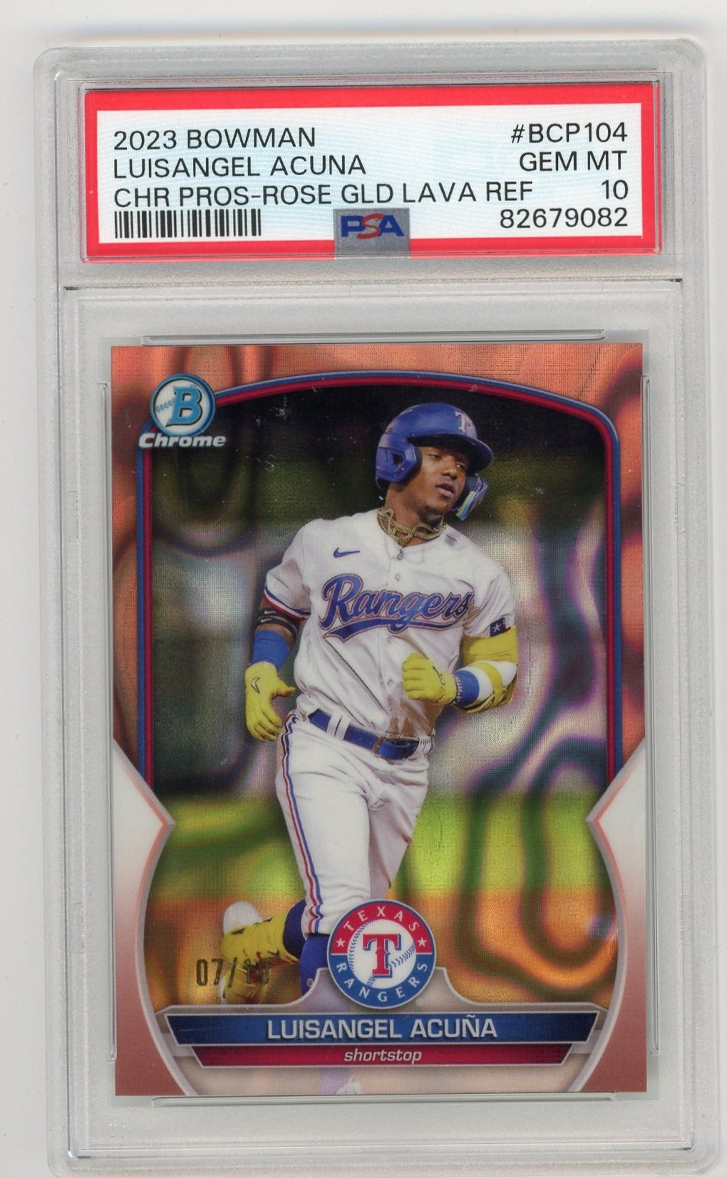 Luisangel Acuna 2023 Bowman Chrome Rose Gold Lava Refractor #'D 07/10 PSA 10