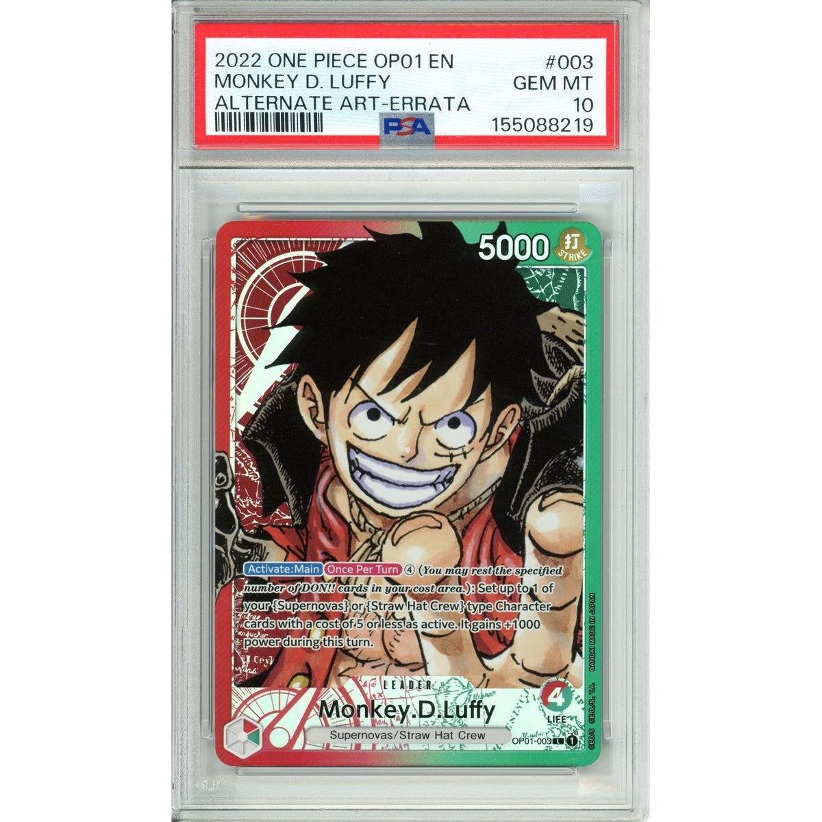 One Piece Graded: Monkey D. Luffy Op01-003 Alt Art Errata (2022) PSA 10