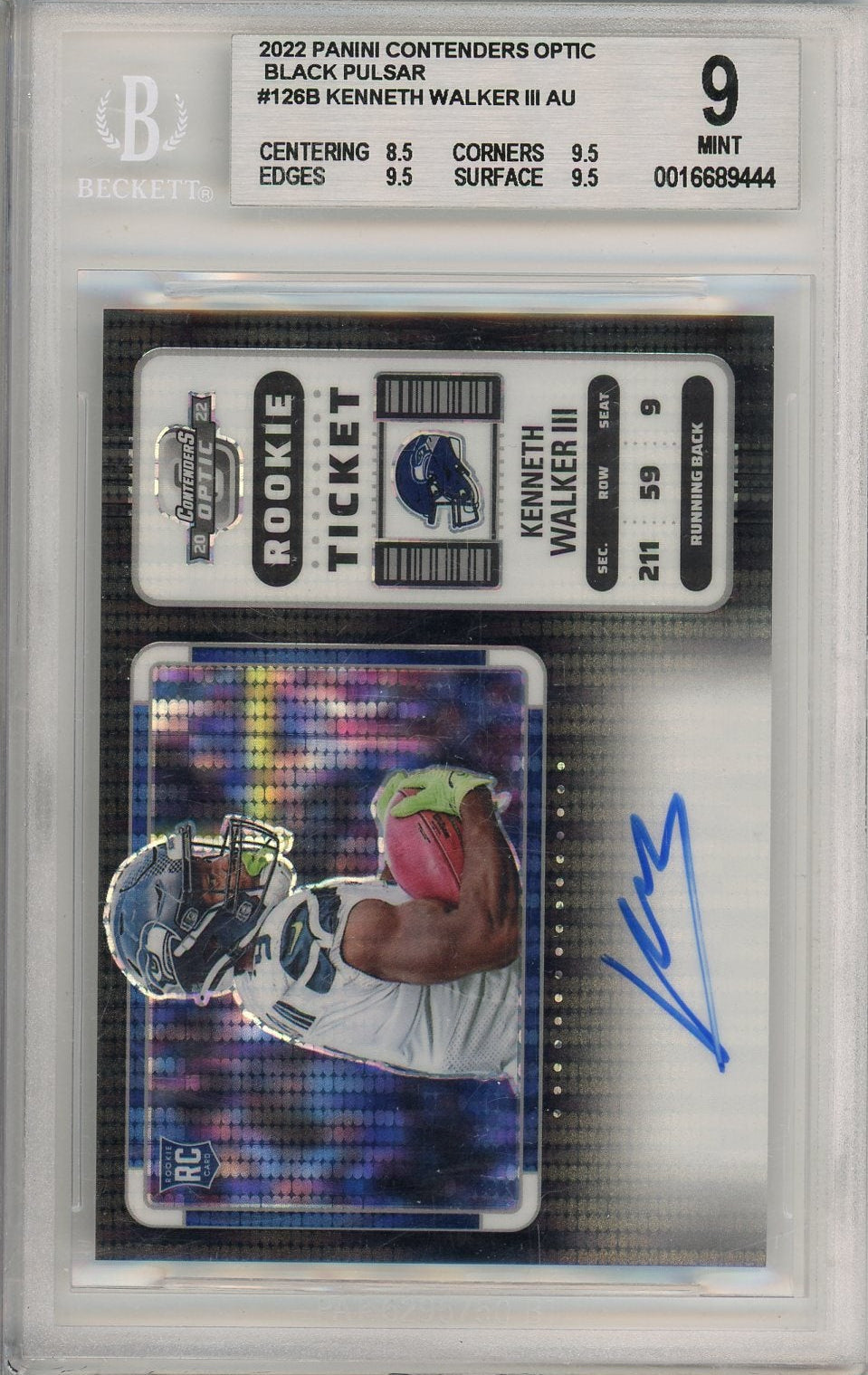 Kenneth Walker 2022 Panini Contenders Optic Black Pulsar Rookie Autograph #'D 2/8 BGS 9