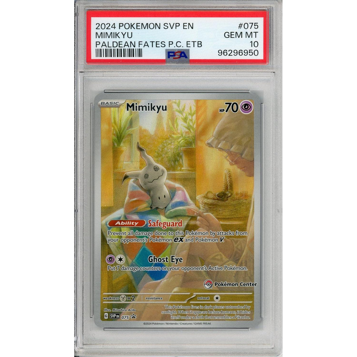 Pokemon Graded: Mimikyu #75 Paldean Fates Pokemon Center Etb Promo (2024) Full Art Holo PSA 10