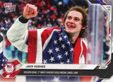 2026 Topps Now Olympics Jack Hughes #18-SSP Image Variation Super Short Print Team USA Gold Medal Hockey Card