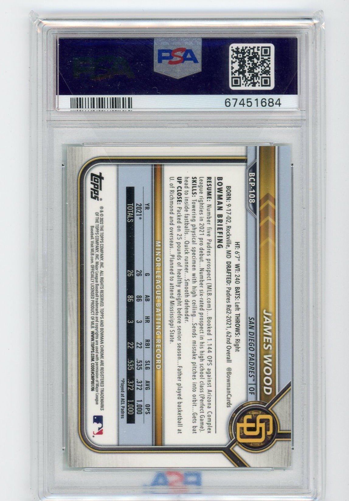 James Wood 2022 1St Bowman Chrome Aqua Shimmer #'D 022/125 PSA 9