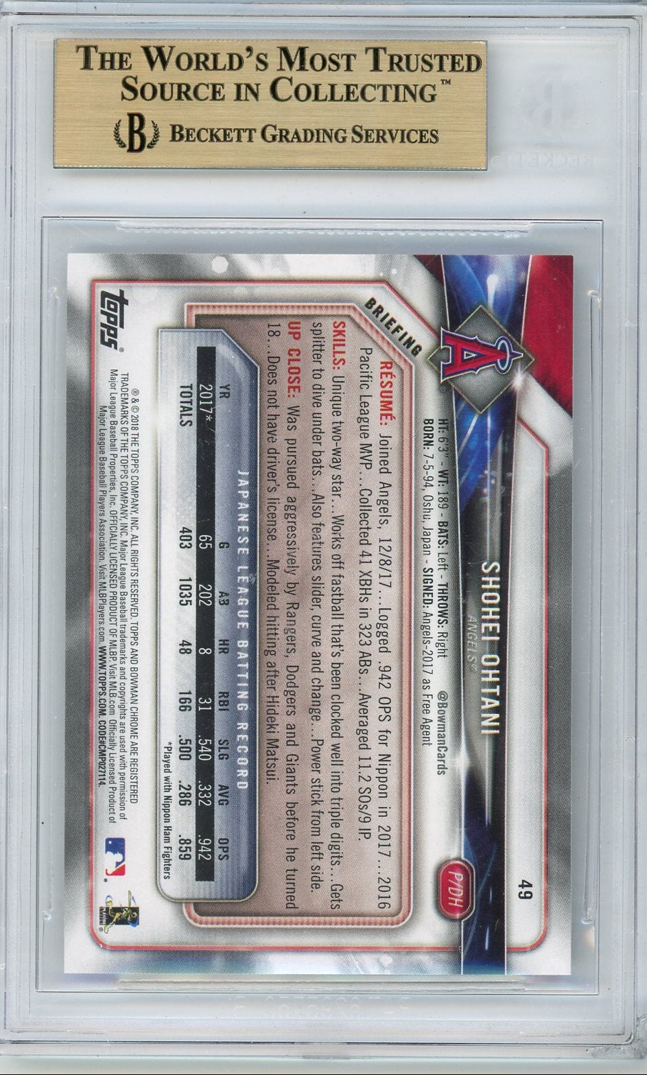 Shohei Ohtani 2018 Bowman Rookie Card BGS 9.5