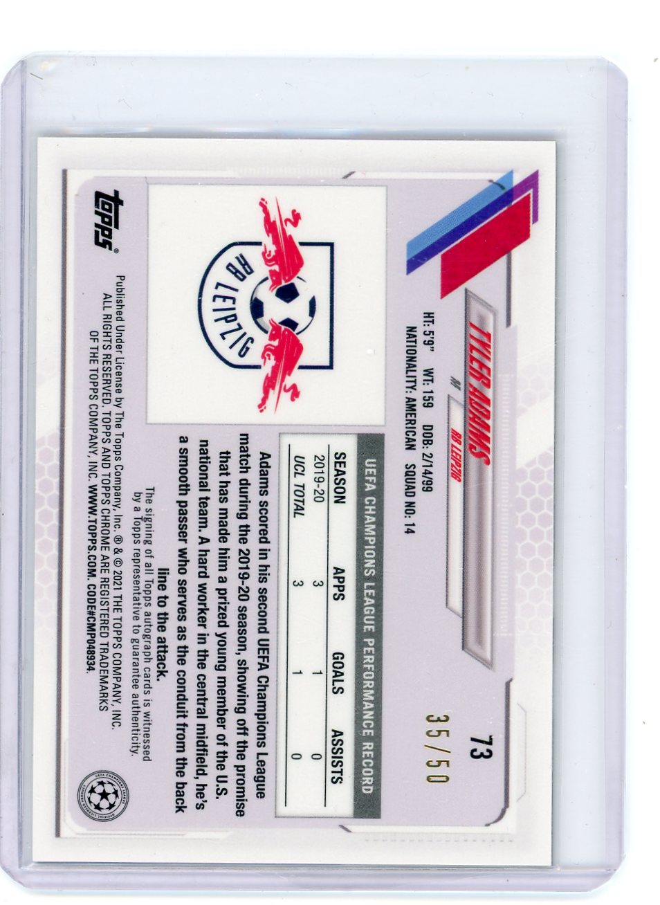 Tyler Adams 2021 Topps Chrome Ucl Steve Aoki Edition Autographs Gold #'D 35/50