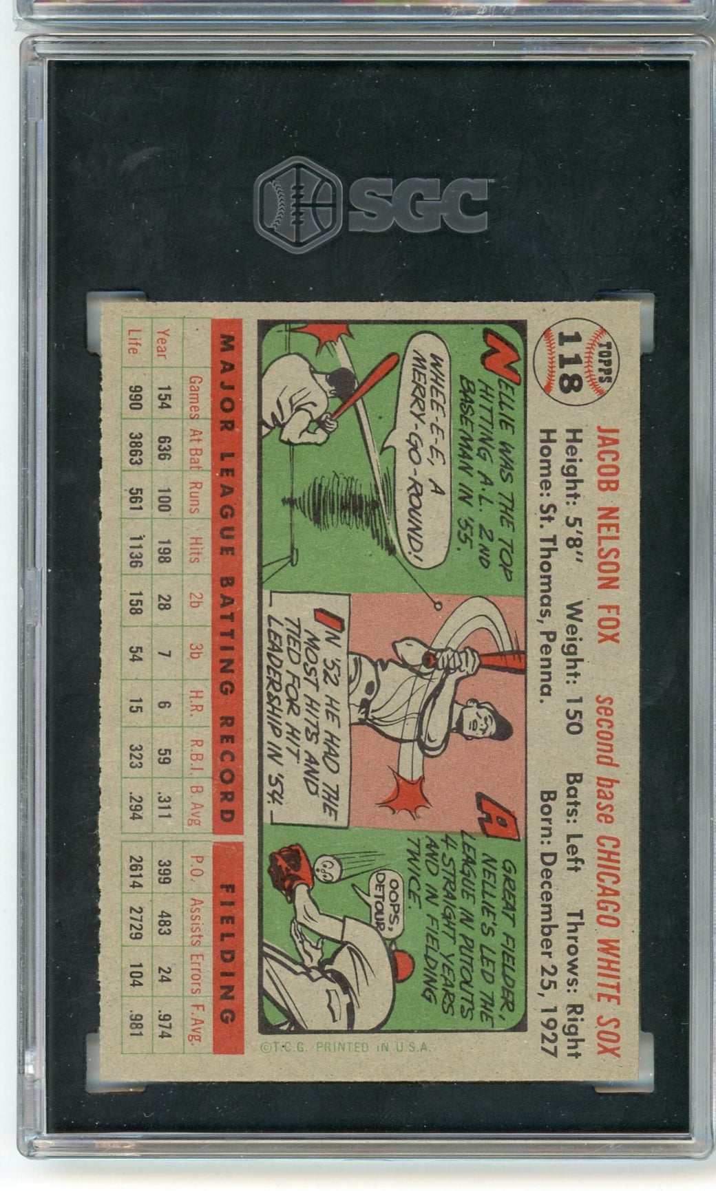Nellie Fox 1956 Topps Gray Back #118 Sgc 8