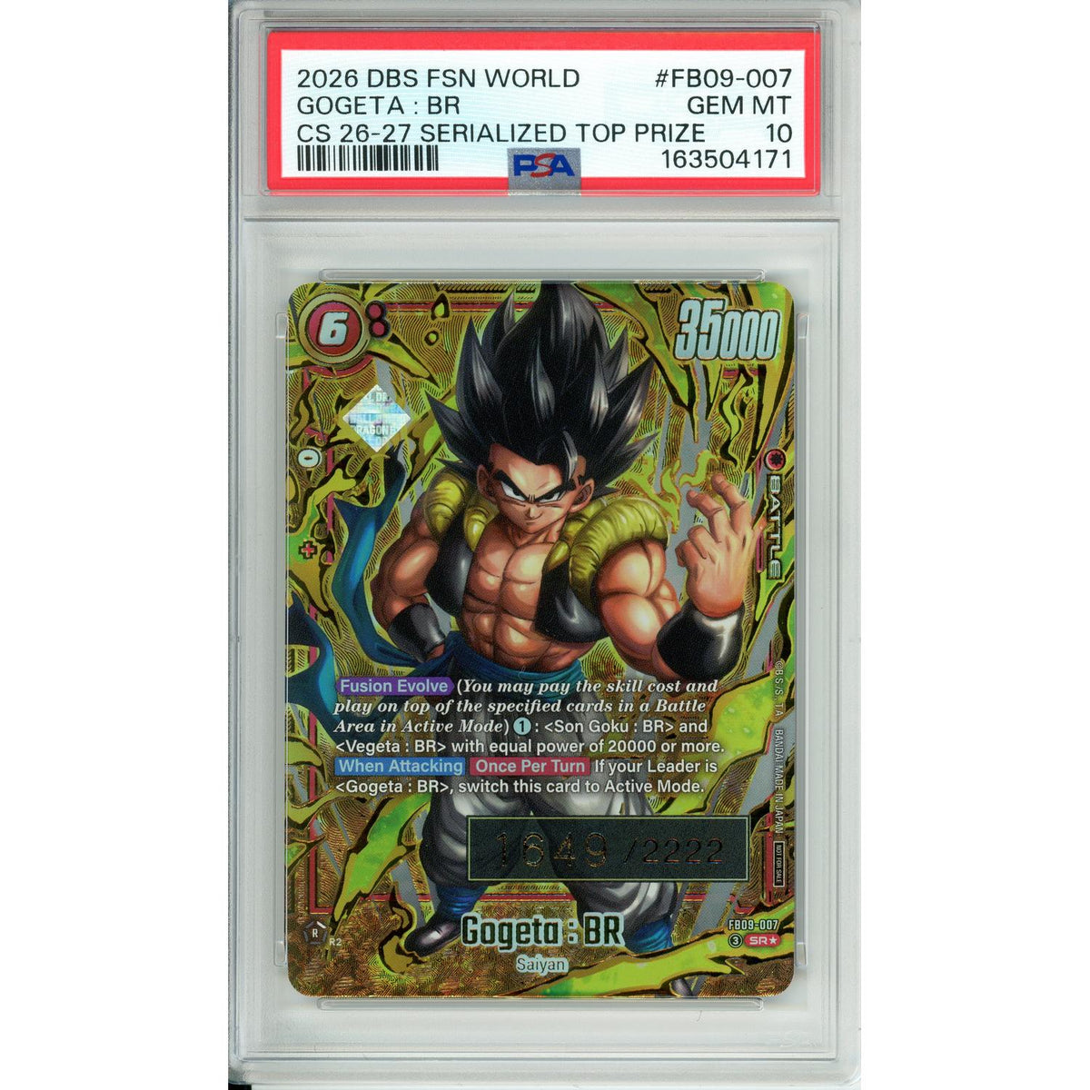 Dragon Ball Graded: Gogeta: Br Serialized Top Prize #Fb09-007 (2026) PSA 10