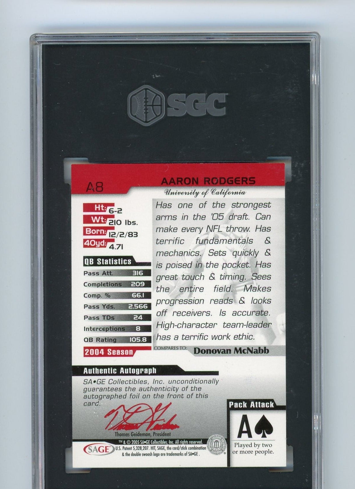 Aaron Rodgers 2005 Sage Hit Auto Gold 140/250 Sgc 8.5