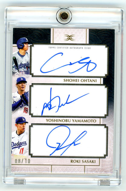 Shohei Ohtani / Yoshinobu Yamamoto / Roki Sasaki 2025 Topps Definitive Collection Trio Autograph Black #'d 8/10