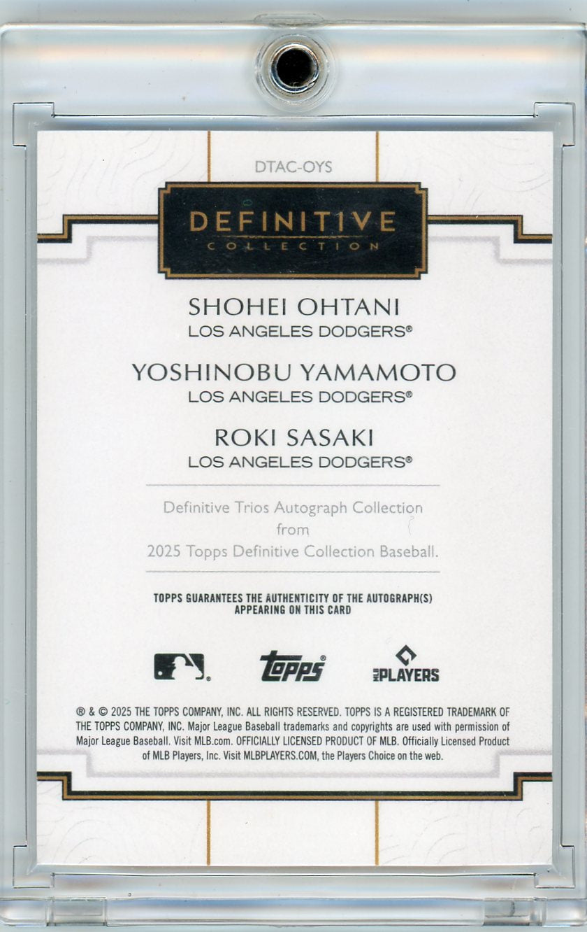 Shohei Ohtani / Yoshinobu Yamamoto / Roki Sasaki 2025 Topps Definitive Collection Trio Autograph Black #'d 8/10
