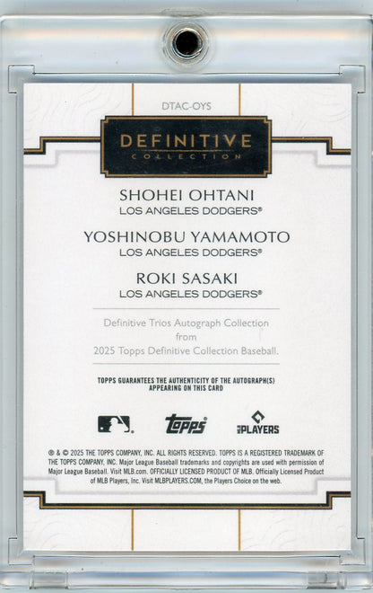 Shohei Ohtani / Yoshinobu Yamamoto / Roki Sasaki 2025 Topps Definitive Collection Trio Autograph Black #'d 8/10