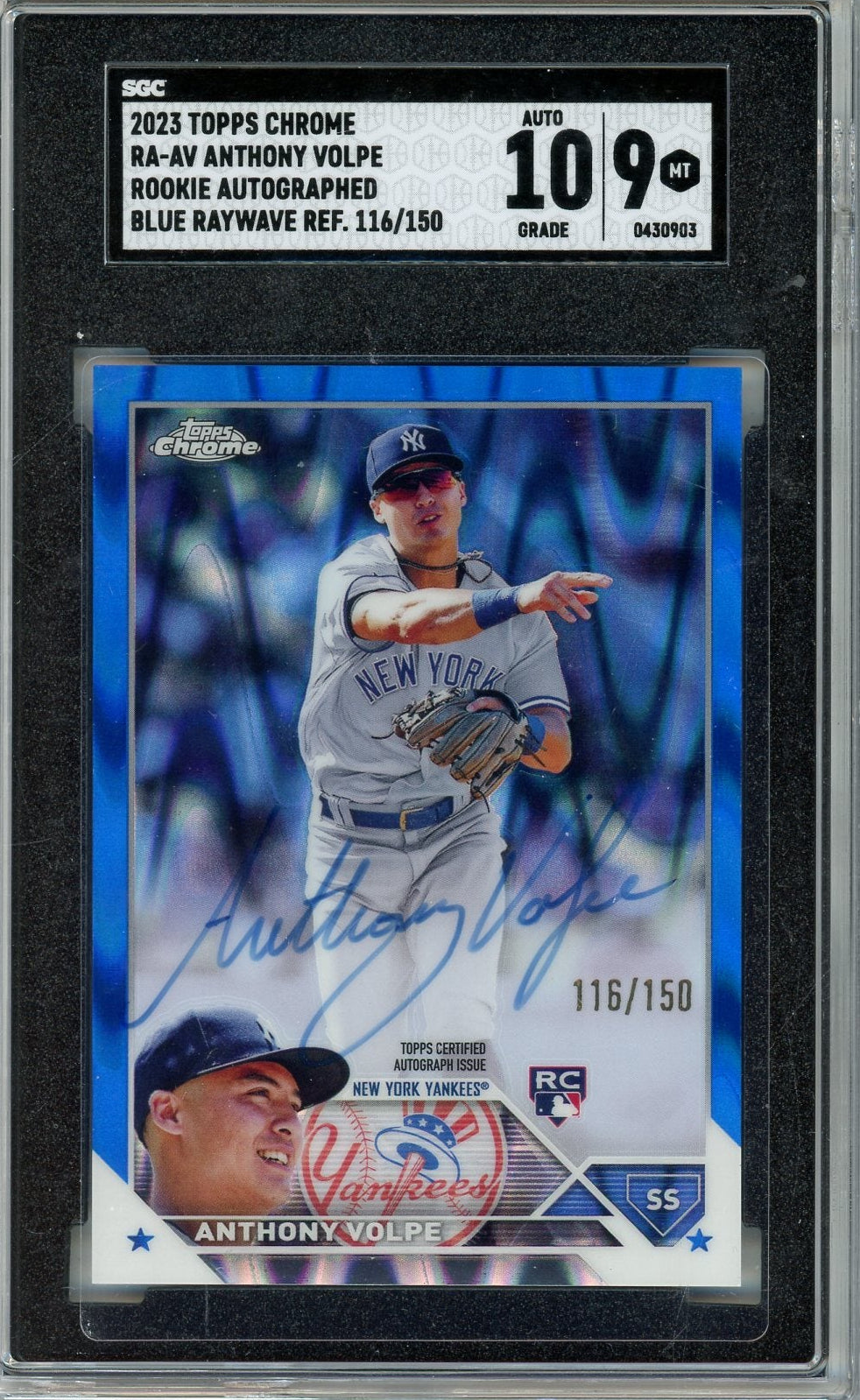 Anthony Volpe 2023 Topps Chrome Rookie Autograph Blue Raywave #'D 116/150 Sgc 9 / Auto 10
