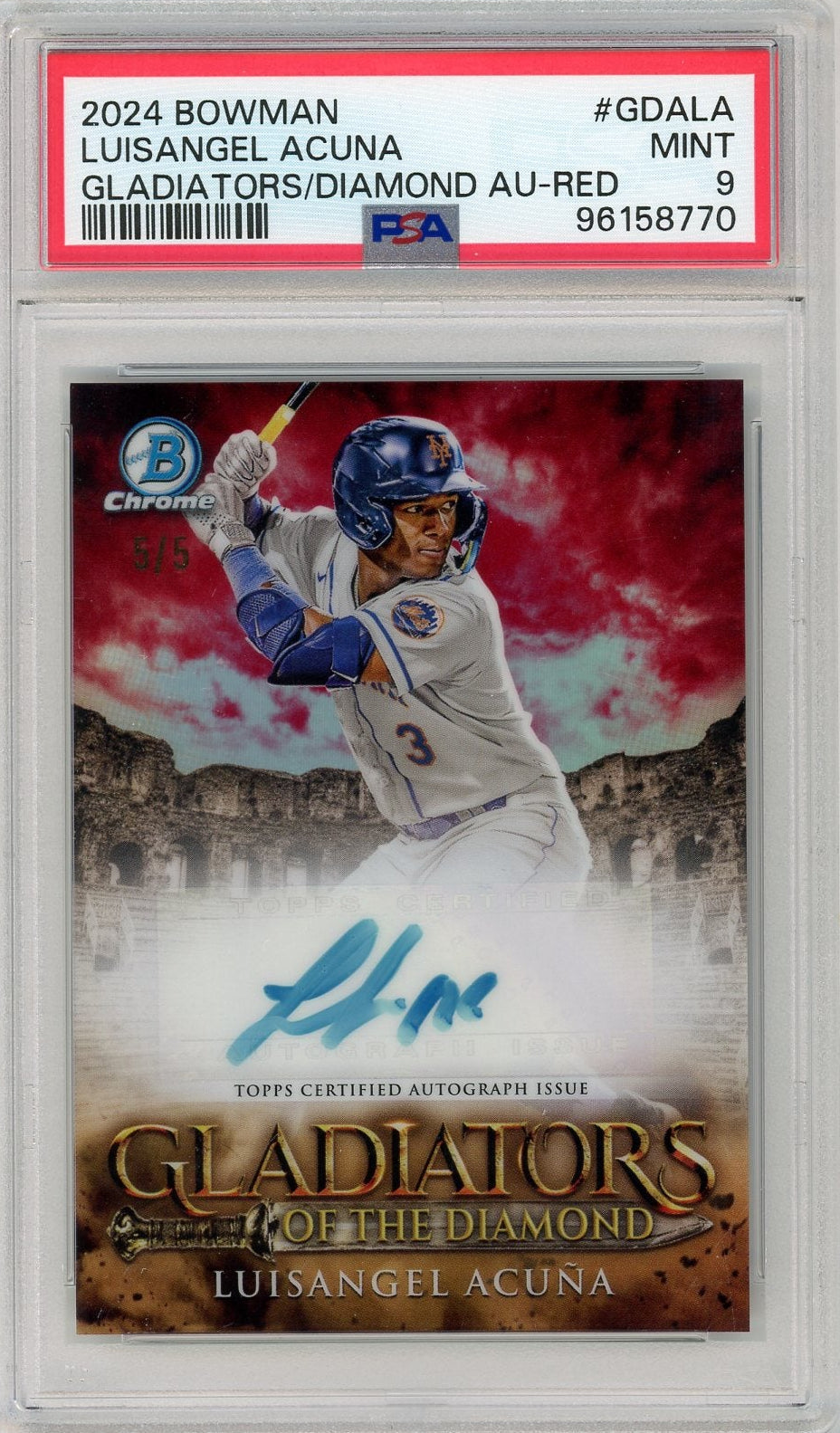 Luisangel Acuna 2024 Bowman Gladiators Of The Diamond Autograph Red #'D 5/5 PSA 9