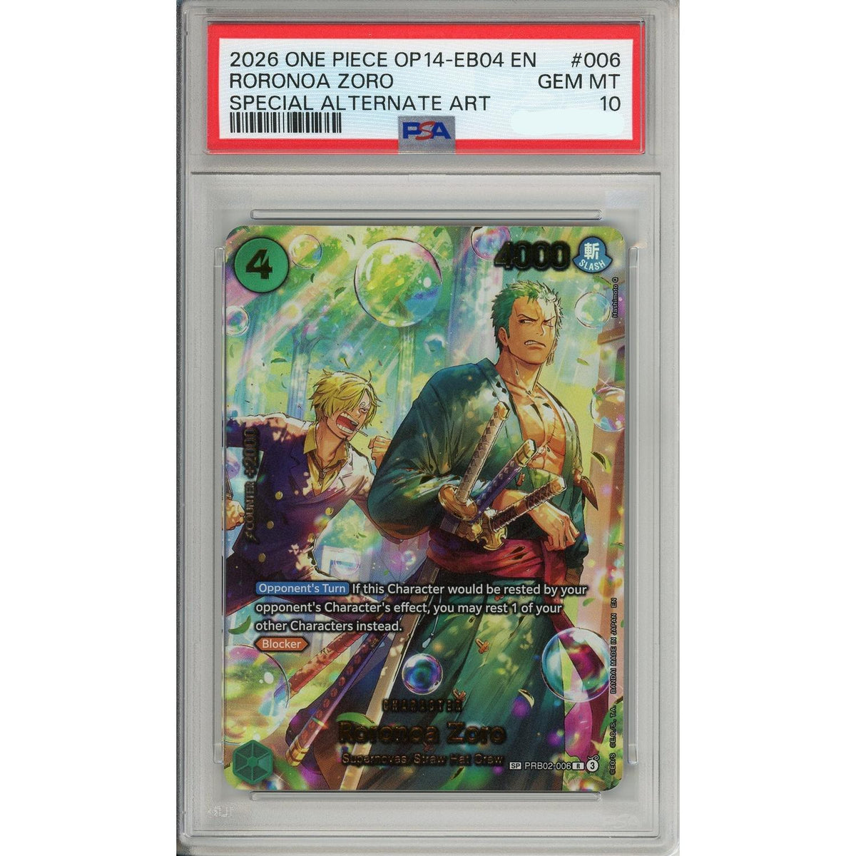 One Piece Graded: Roronoa Zoro Alt Art Prb02-006 The Azure Sea's Seven PSA 10