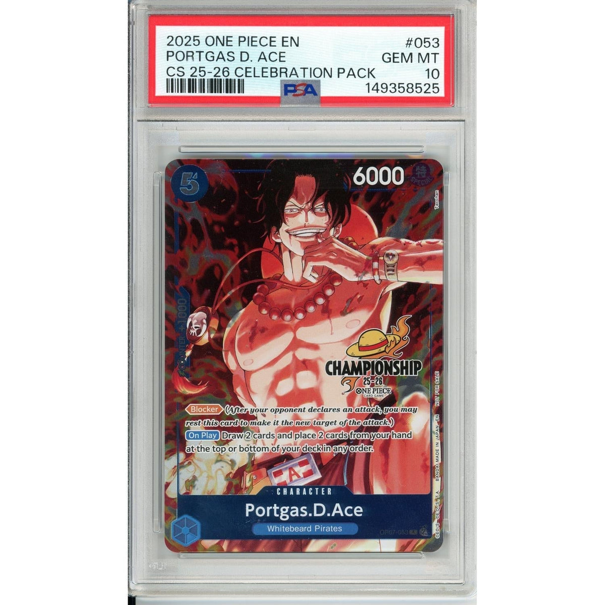 One Piece Graded: Portgas D. Ace Op07-053 Championship Celebration Pack PSA 10