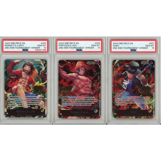 One Piece Graded: Sabo #1, Portgas D. Ace #2 Monkey D. Luffy #3 2Nd Anniversary Winners Set Of 3 PSA 10
