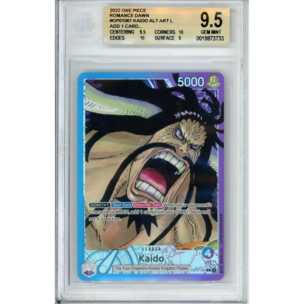 One Piece Graded: Kaido Op01-061 Alt Art Pre-Errata (2022) Beckett 9.5