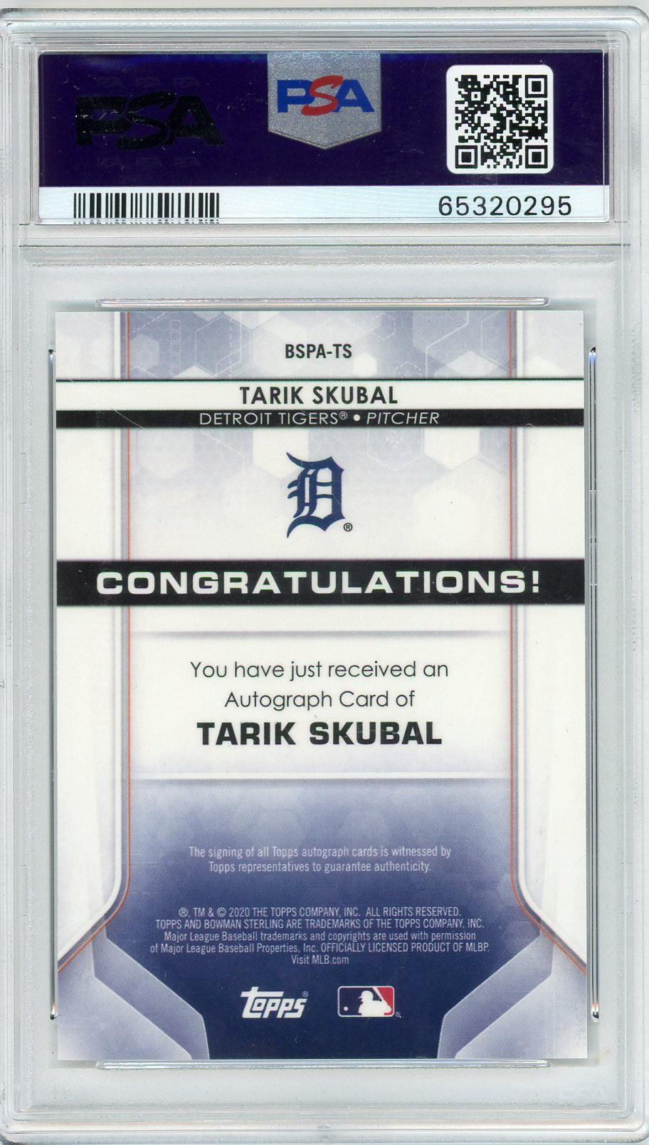 Tarik Skubal 2020 Bowman Sterling Autograph PSA 9