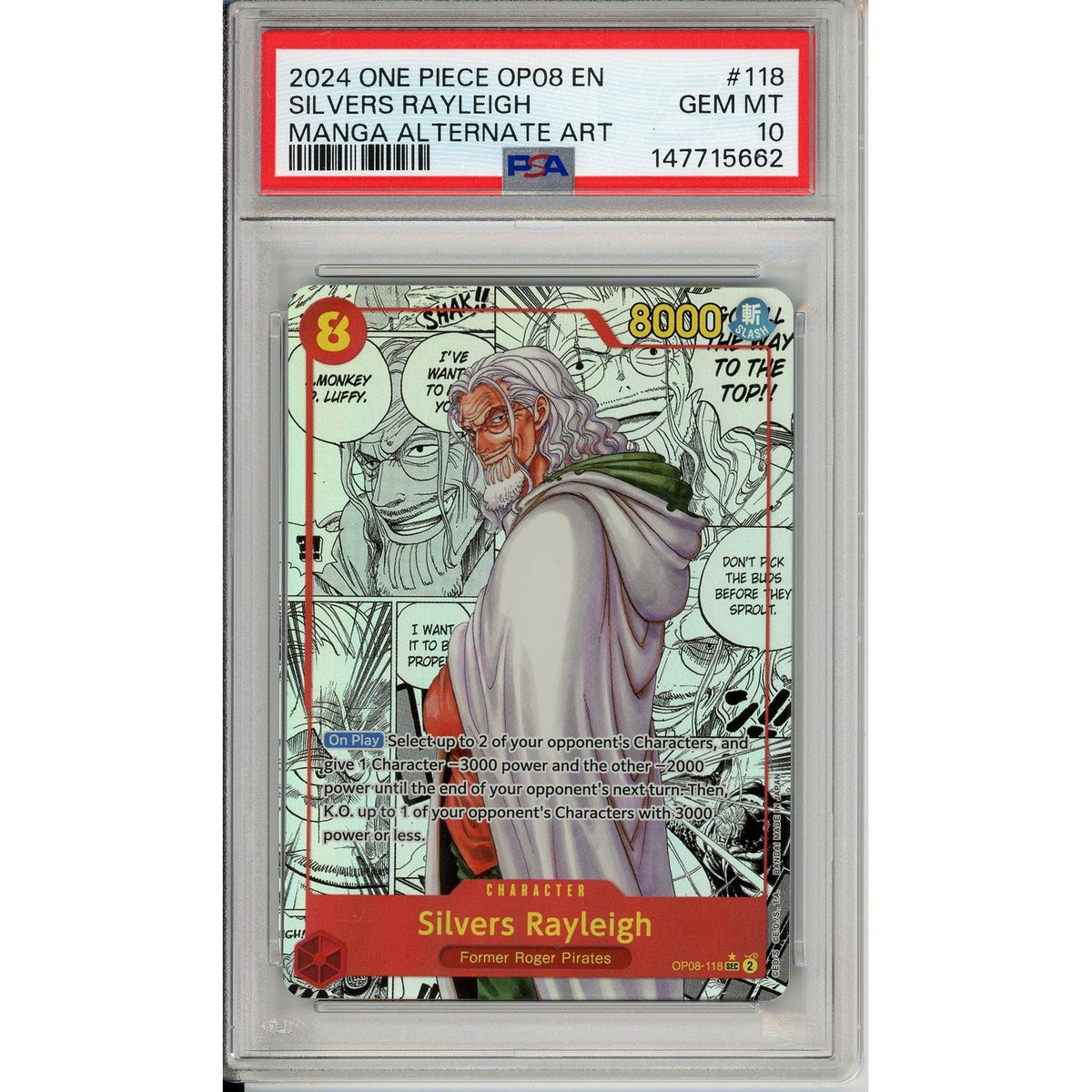 One Piece Graded: Silvers Rayleigh Alt Art Manga Op08-118 Two Legends PSA 10