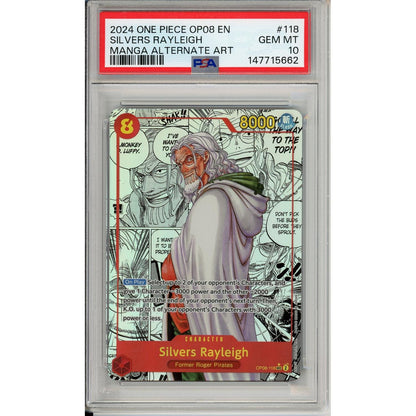 One Piece Graded: Silvers Rayleigh Alt Art Manga Op08-118 Two Legends PSA 10
