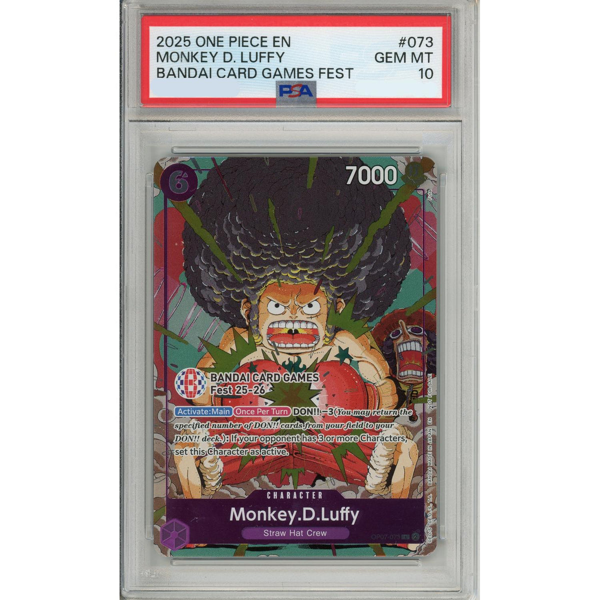 One Piece Graded: Monkey D. Luffy Op07-073 Bandai Card Game Fest 2025 PSA 10