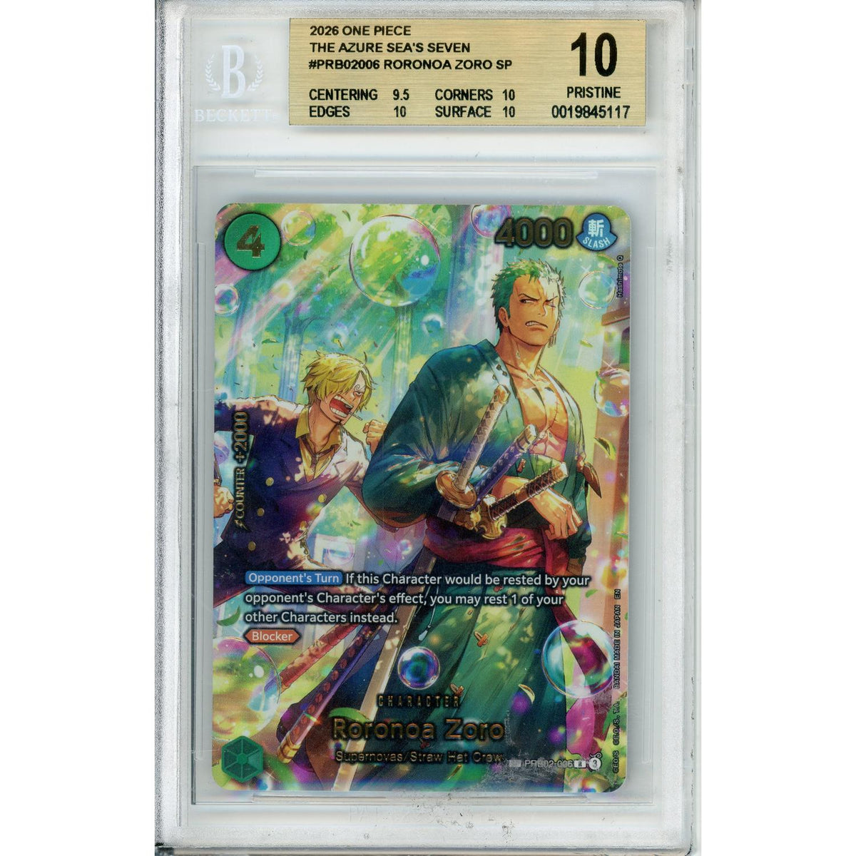 One Piece Graded: Roronoa Zoro Prb02-006 The Azure Sea's Seven Beckett 10