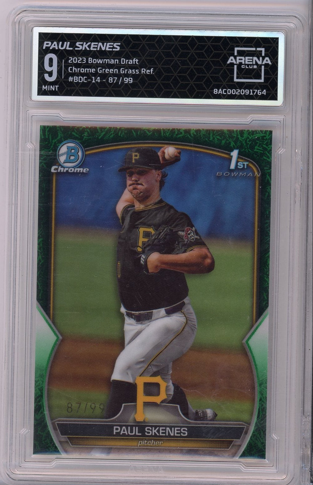 Paul Skenes 2023 Bowman Draft 1St Bowman Chrome Green Grass Refractor #'D 87/99 Arena 9