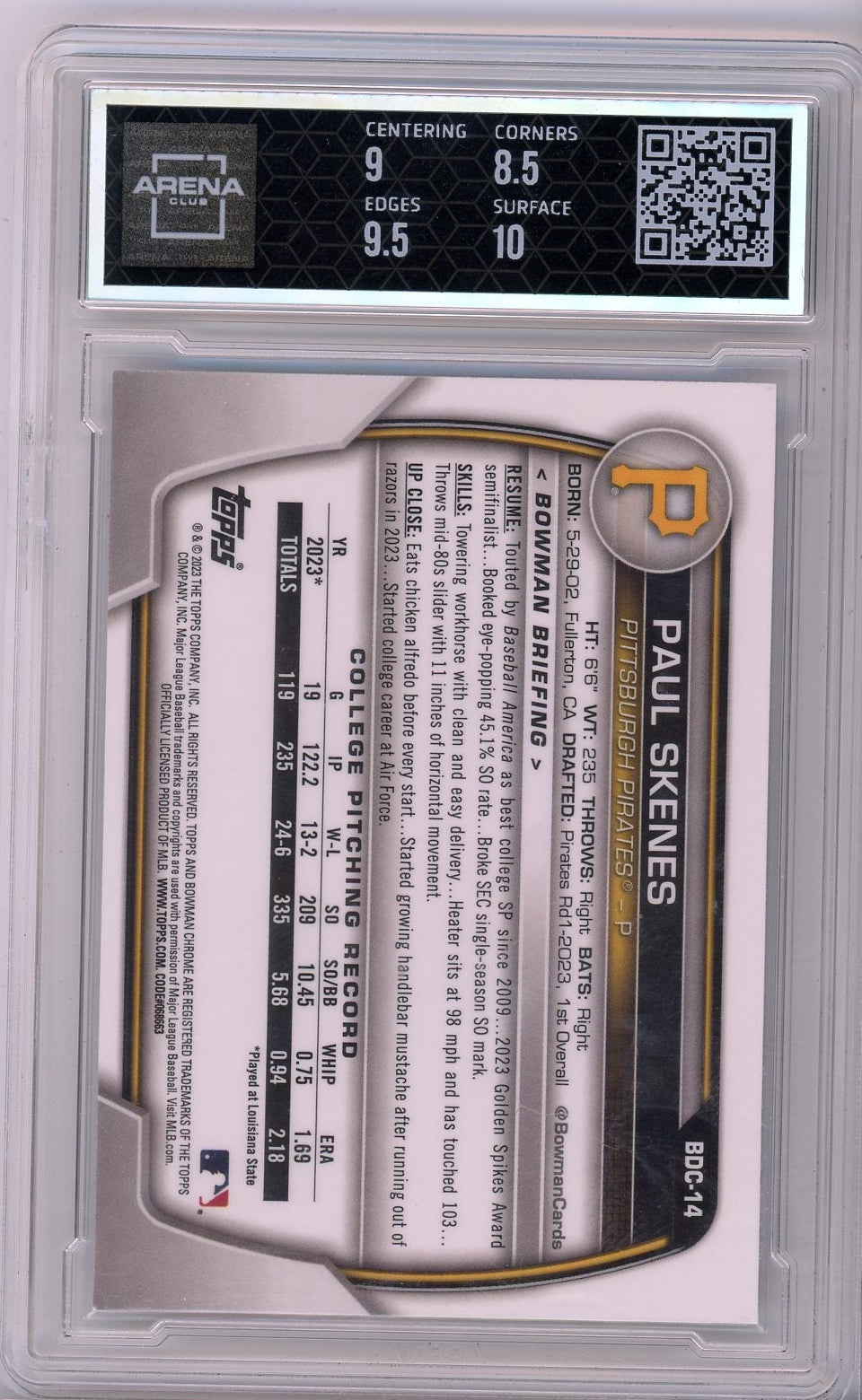 Paul Skenes 2023 Bowman Draft 1St Bowman Chrome Green Grass Refractor #'D 87/99 Arena 9
