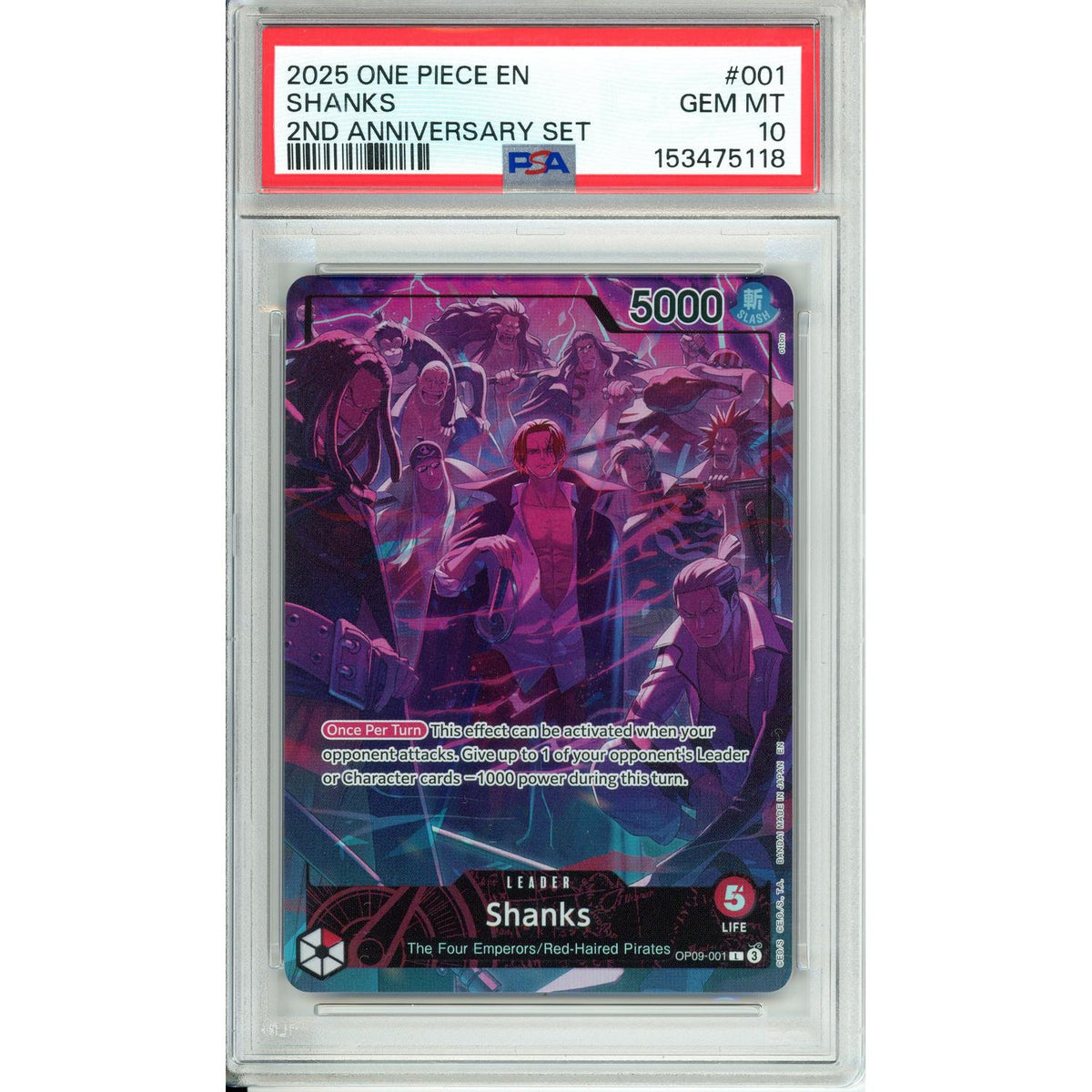 One Piece Graded: Shanks Leader Alt Art Op09-001 2Nd Anniversary Set PSA 10