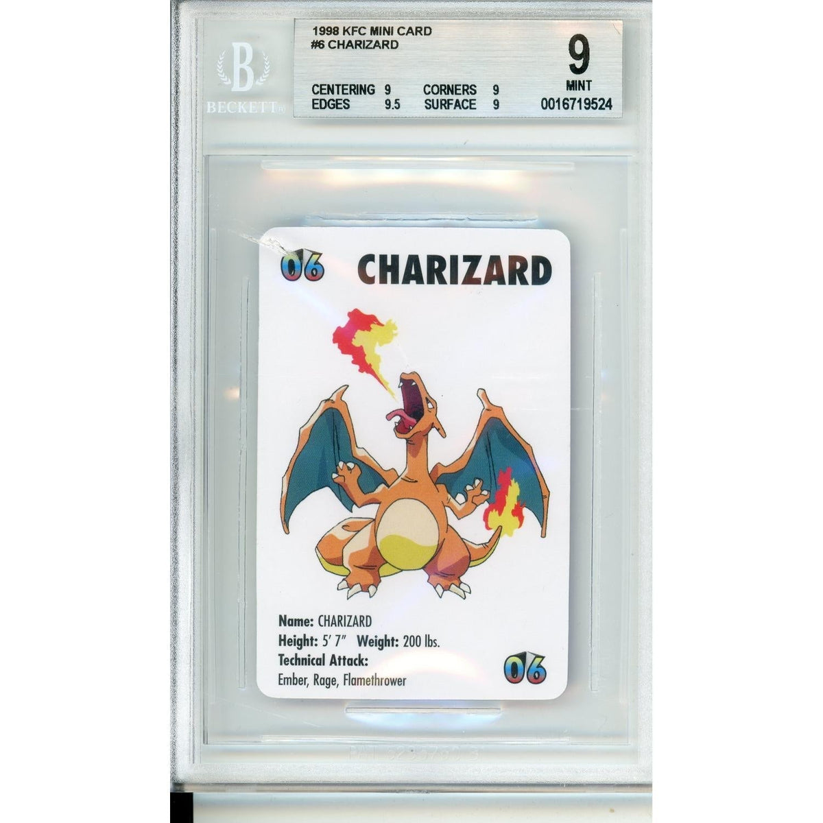 Pokemon Graded: 1998 Kfc Mini Card Charizard #6 Beckett 9 Mint