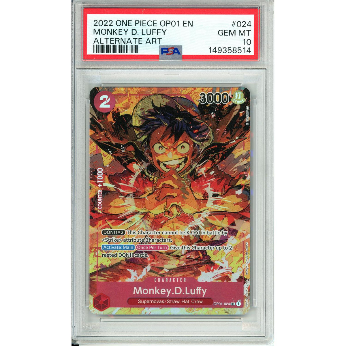 One Piece Graded: Monkey D. Luffy Op01-024 Alternate Art PSA 10