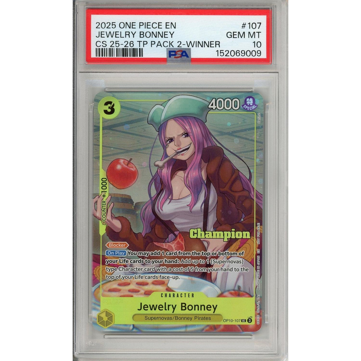 One Piece Graded: Jewelry Bonney Op10-107 Championship 25-26 Winner PSA 10