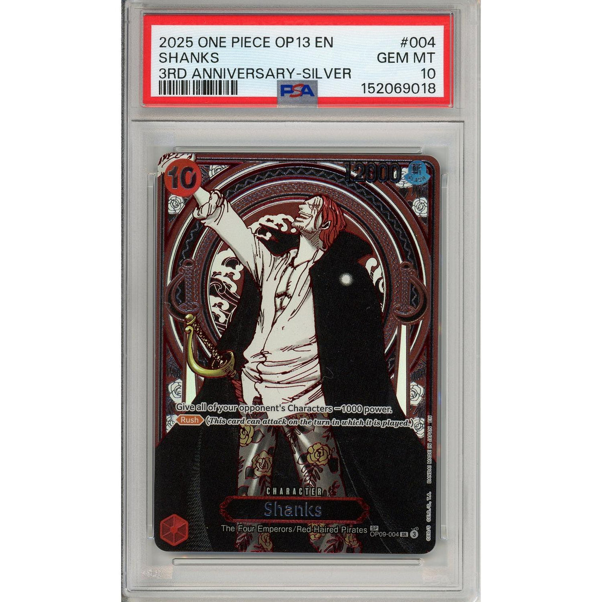 One Piece Graded: Shanks Op09-004 3Rd Anniversary Silver Foil PSA 10