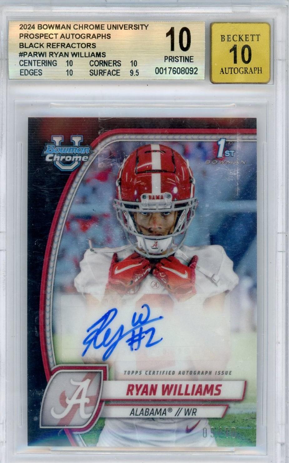 2024 Bowman Chrome University Prospect Autographs Black Refractors Ryan Williams #Parwi /10 /199 BGS 10