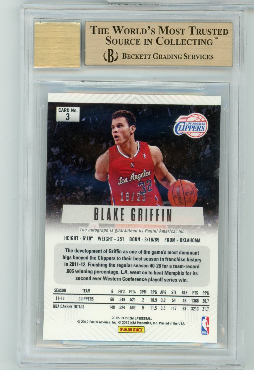 Blake Griffin 2012-13 Panini Prizm Autograph Silver #'D 18/25 BGS 10 Auto 10