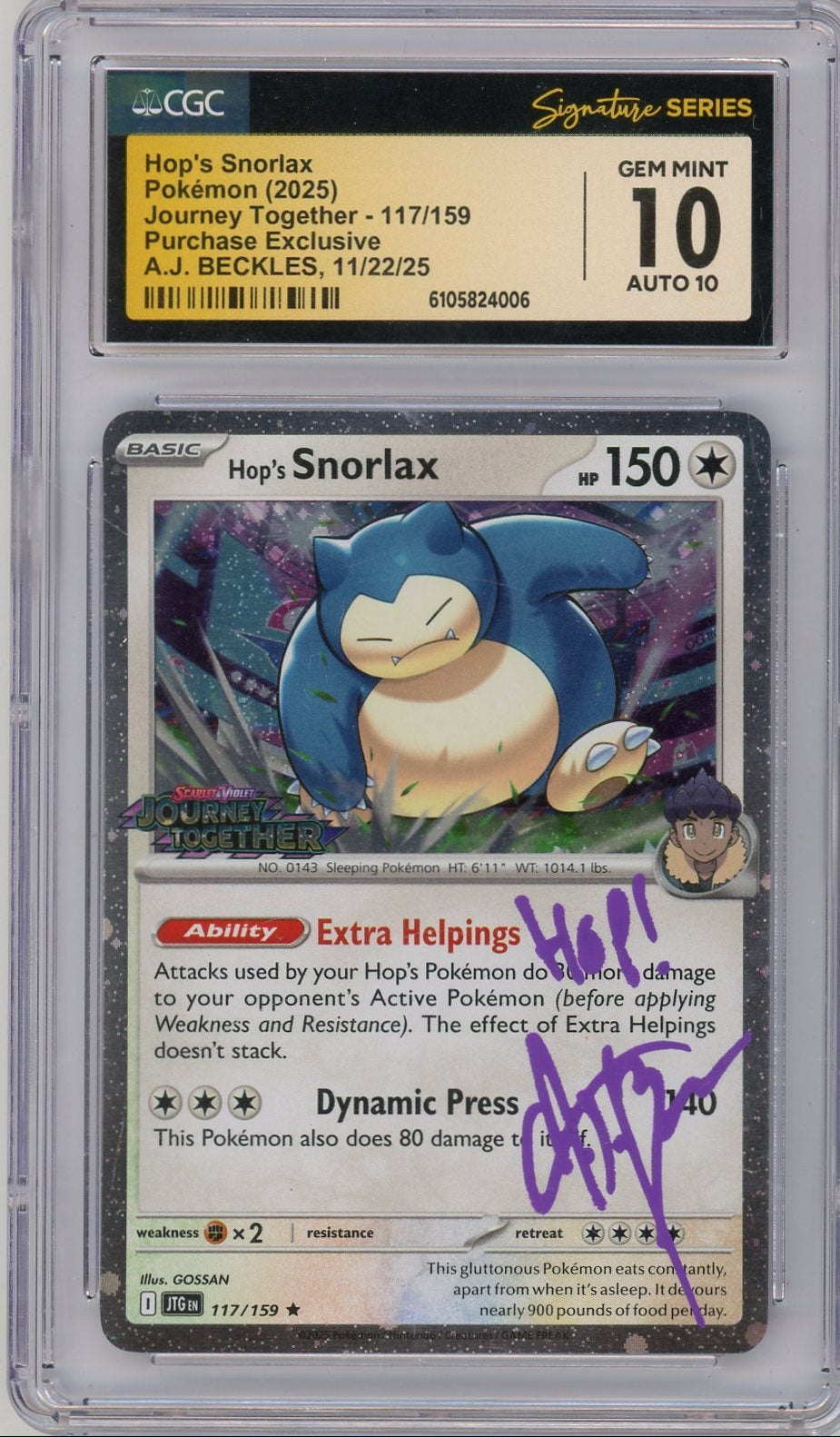 Hop's Snorlax 2025 Pokemon Journey Together Purchase Exclusive Aj Beckles Autograph CGC 10 Auto 10 (Signature Series)