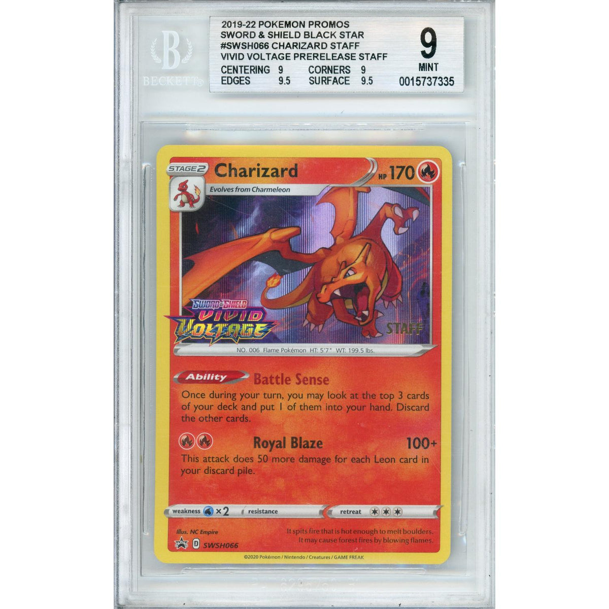 Pokemon Graded: Charizard #Swsh066 Prerelease Staff Promo (2020) Beckett 9